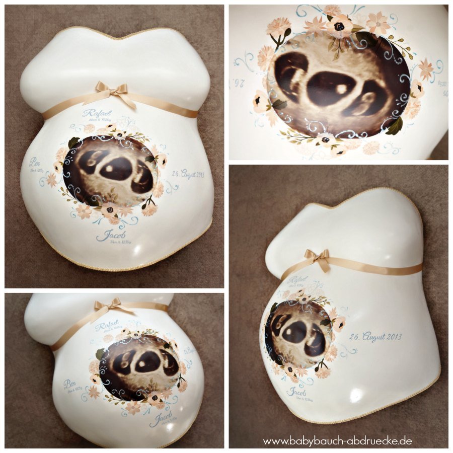 Gipsabdruck Veredelung Babybauch drillinge ultraschallbild weiss beige creme hellblau selbstgemacht bauchabdruck glaetten reparieren bemalen lassen