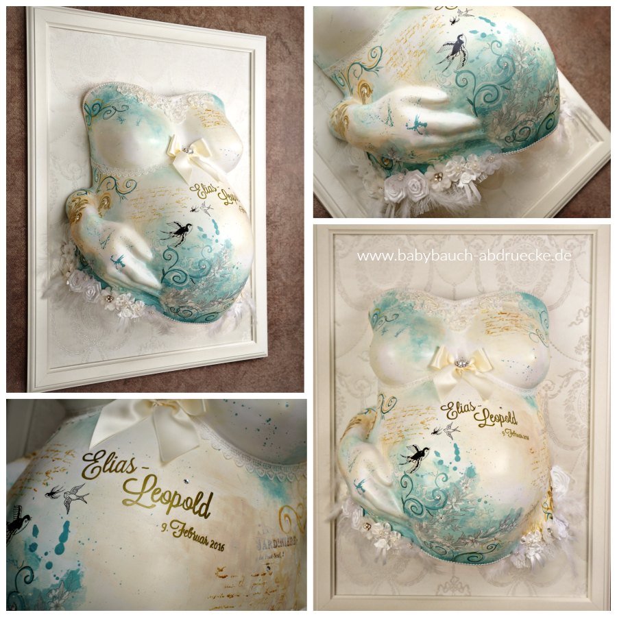 gipsabdruck babybauch mixed media creme tuerkis bilderrahmen hand auf babybauch profi service abformung veredelung gestaltung bemalung individuell professionell erfurt julia schulze