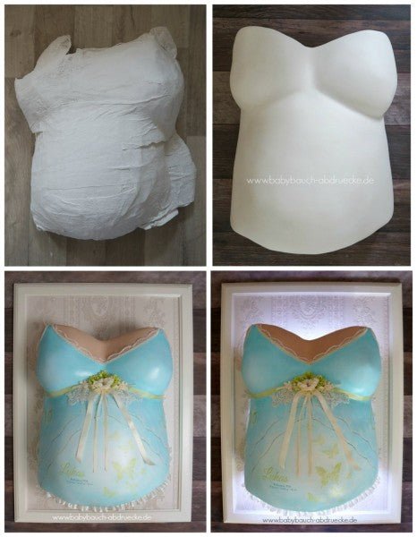 Gipsabdruck Babybauch selbstgemacht und professionell repariert veredelt oberlfächen geglättet verstärkt in Form gebracht gestaltet auf Rahmen mit Licht Julia Schulze Atelier Bodarts