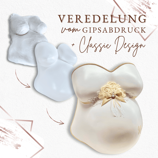 Hochwertig veredelter Babybauch-Gipsabdruck im Classic Design, lackiert und professionell gestaltet im Atelier Julia Schulze - Atelier Body - pArts