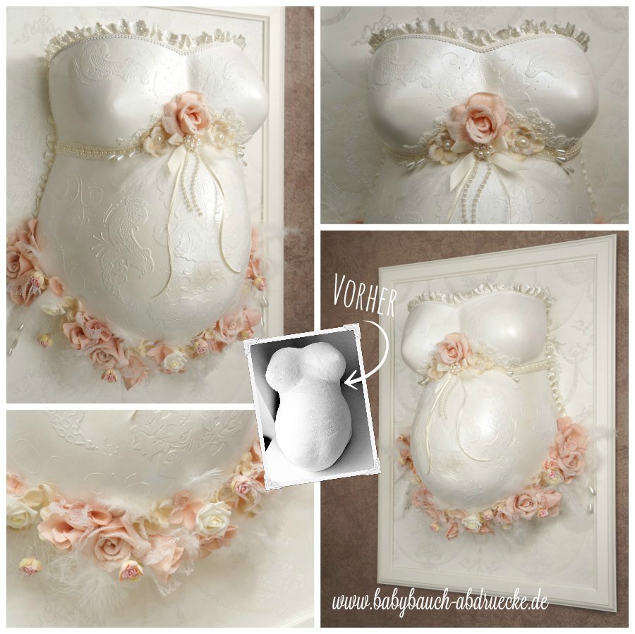 gipsabdruck babybauch schwanger romantisches design ornamente weiss perlmutt rueschen stoffrosen perlen auf Bilderrahmen satinschleife Seidentapete gipsbauch selbstgemacht professionell veredelt atelier bodyparts