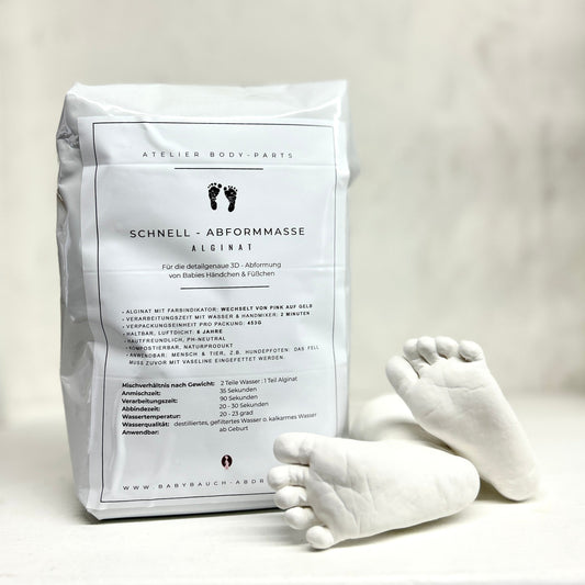 Alginat Abformmasse für Baby 3D Hand- und Fußabdruck ab Geburt – 453 g Schnellabformmasse mit Farbindikator zur sicheren Babyabformung. Hochwertiges Alginat aus dem Atelier Bodyparts, ideal für detailgetreue 3D-Babyabdrücke und zum Bewahren des Moments der Winzigkeit.