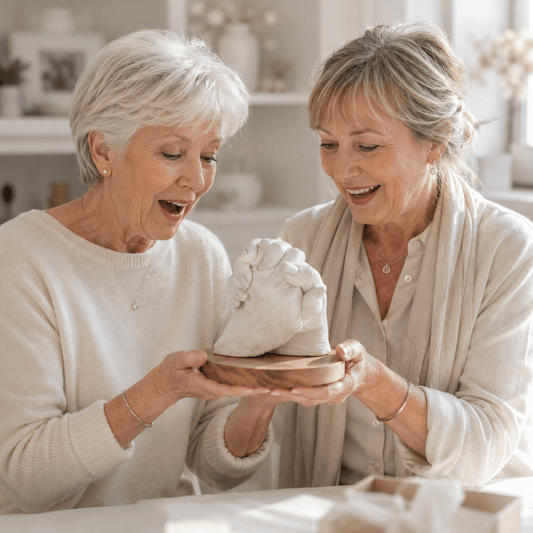 Alttext:
Das Bild zeigt Mutter und Tochter mit einem gemeinsamen 3D-Händeabdruck auf einem Sockel als emotionales Erinnerungsstück für Verbundenheit, gemeinsame Lebenswege und familiären Halt über Generationen hinweg. Der Handabdruck kann im Atelier Body-pArts professionell abgeformt oder zuhause selbst erstellt und anschließend veredelt werden.