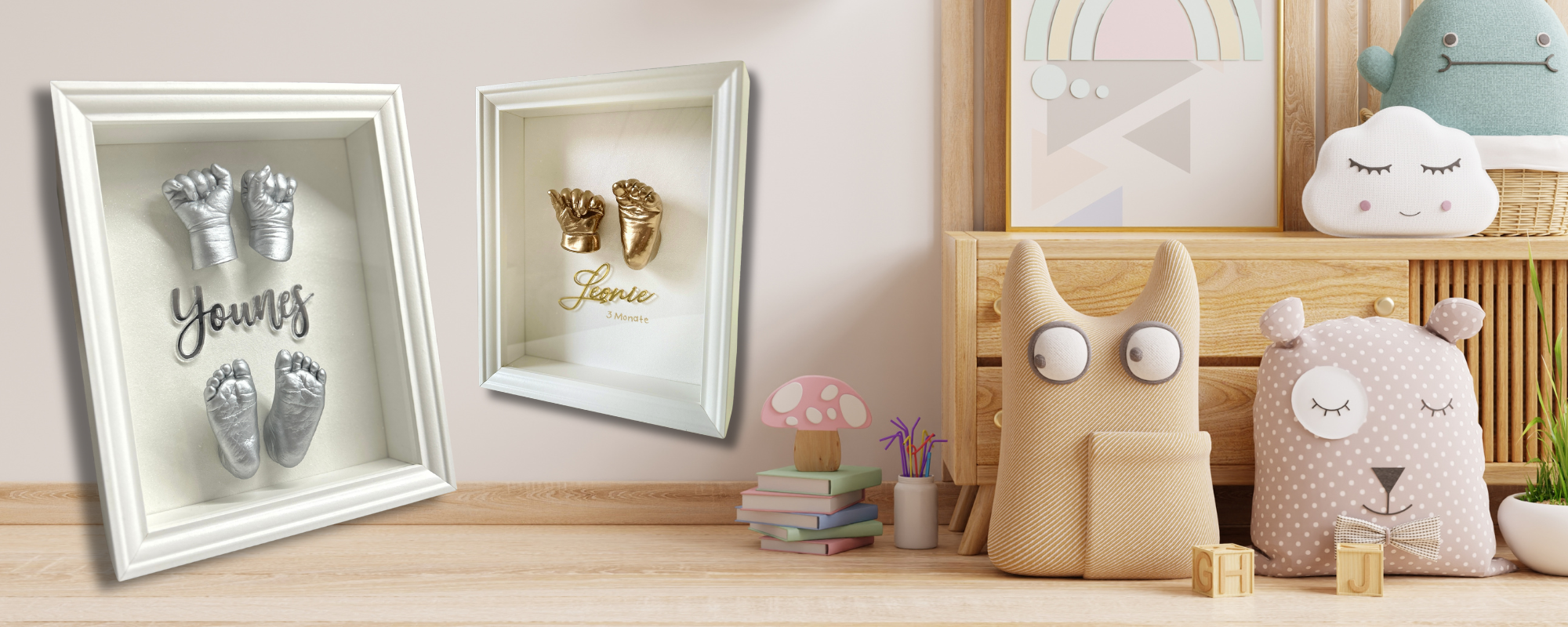 Baby 3D Handabdruck und Fußabdruck im personalisierten Bilderrahmen mit Name des Babys