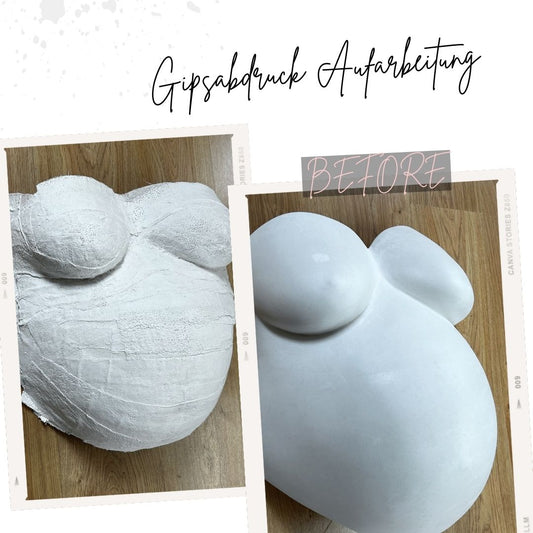 Babybauch-Gipsabdruck im Rohzustand und nach der Veredelung mit meinem Profi-Veredelungs- und Reparaturset von Julia Schulze. DIY Set für Verstärkung, Glättung und dekorative Fertigstellung. Atelier Body - pArts