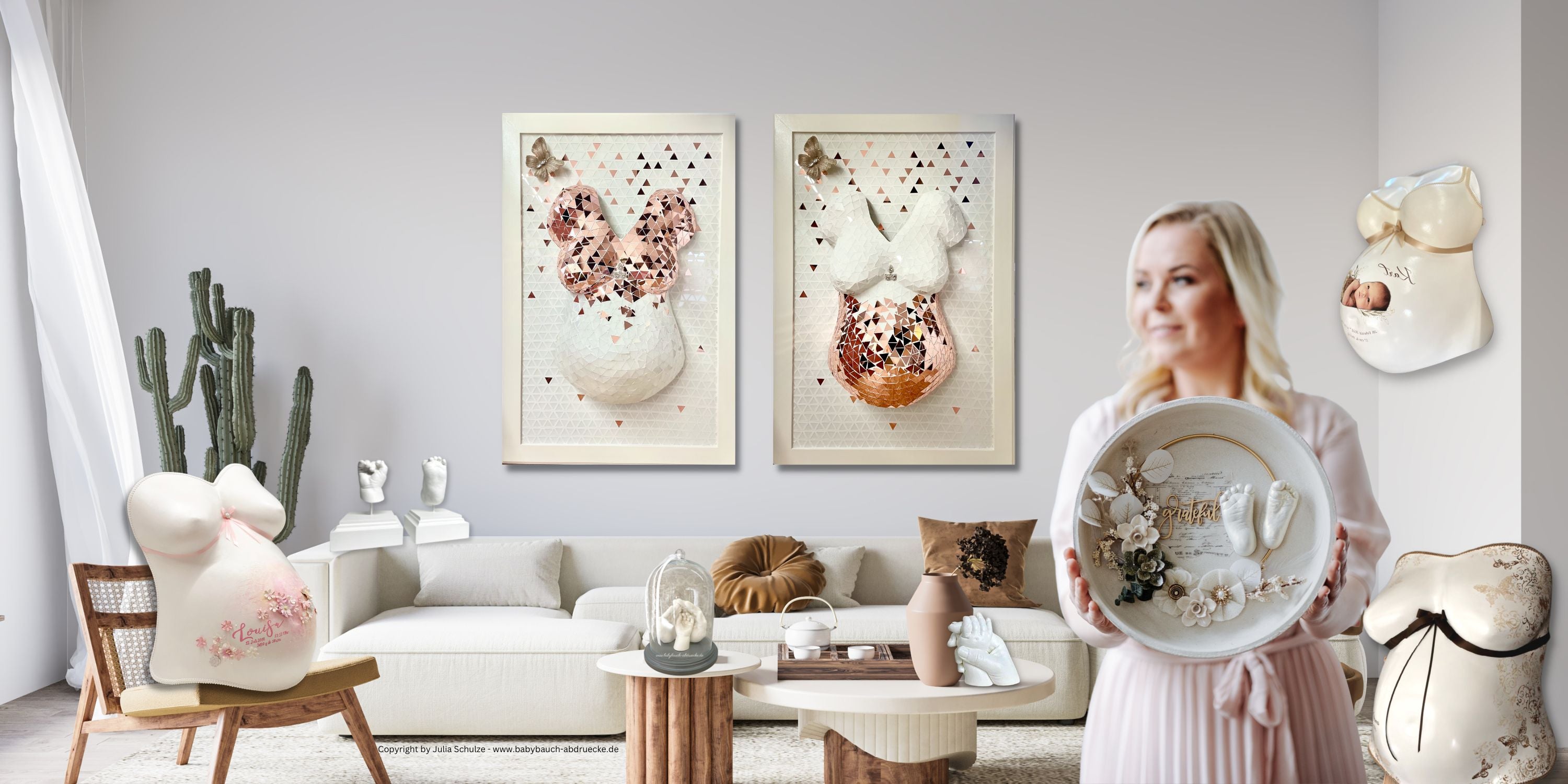 Dein Babybauch als Gipsabdruck hochwertig veredelt und gestaltet von der Künstlerin Julia Schulze vom Atelier Body-pArts aus Erfurt, Thüringen welche sich seit 15 Jahren auf Gipsabdrücke von Baby 3D Hand & Fuss und Babybäuche spezialisiert hat.