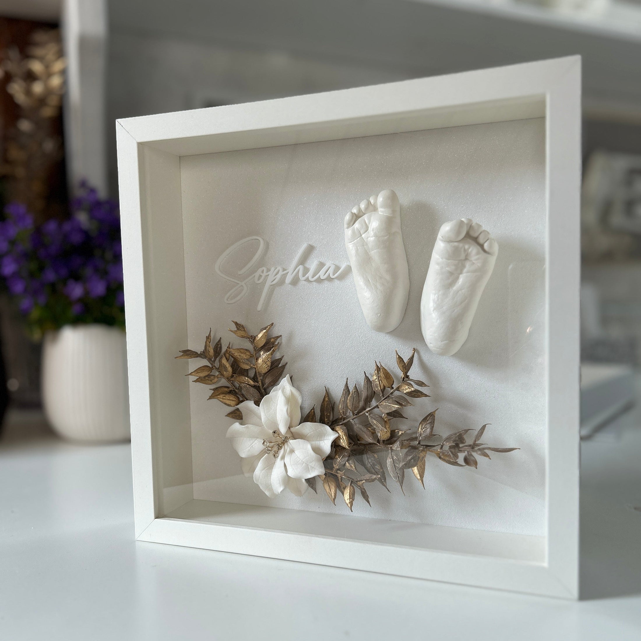 Objektrahmen 25 x 25 für Baby 3D - Abdrücke mit Keramikblüte + Namen - Atelier Body - pArts