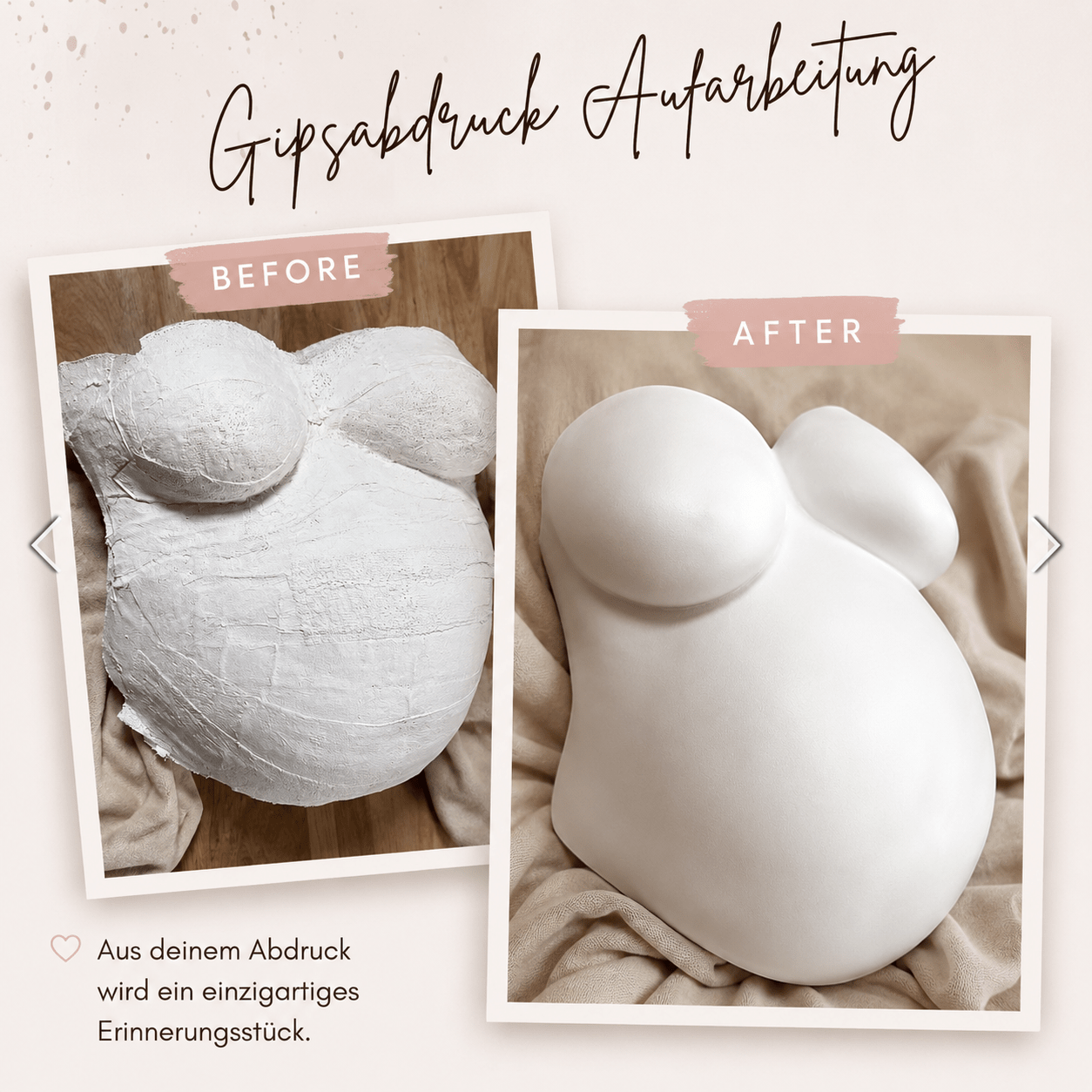 Babybauch-Gipsabdruck im Rohzustand und nach der Veredelung in eleganter und stabiler Form durch Julia Schulze. Aufwendiges in Form bringen, stabilisieren und am Ende lackieren. Buche den Reparaturservice zum Retten deines Gipsabdrucks im Atelier Body - pArts.