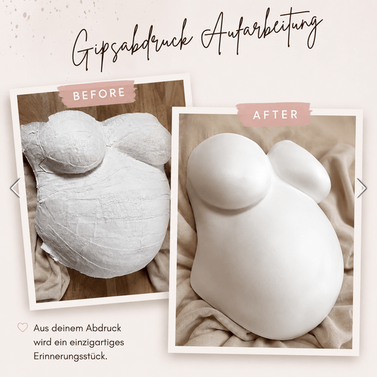 Babybauch-Gipsabdruck im Rohzustand und nach der Veredelung in eleganter und stabiler Form durch Julia Schulze. Aufwendiges in Form bringen, stabilisieren und am Ende lackieren. Buche den Reparaturservice zum Retten deines Gipsabdrucks im Atelier Body - pArts.