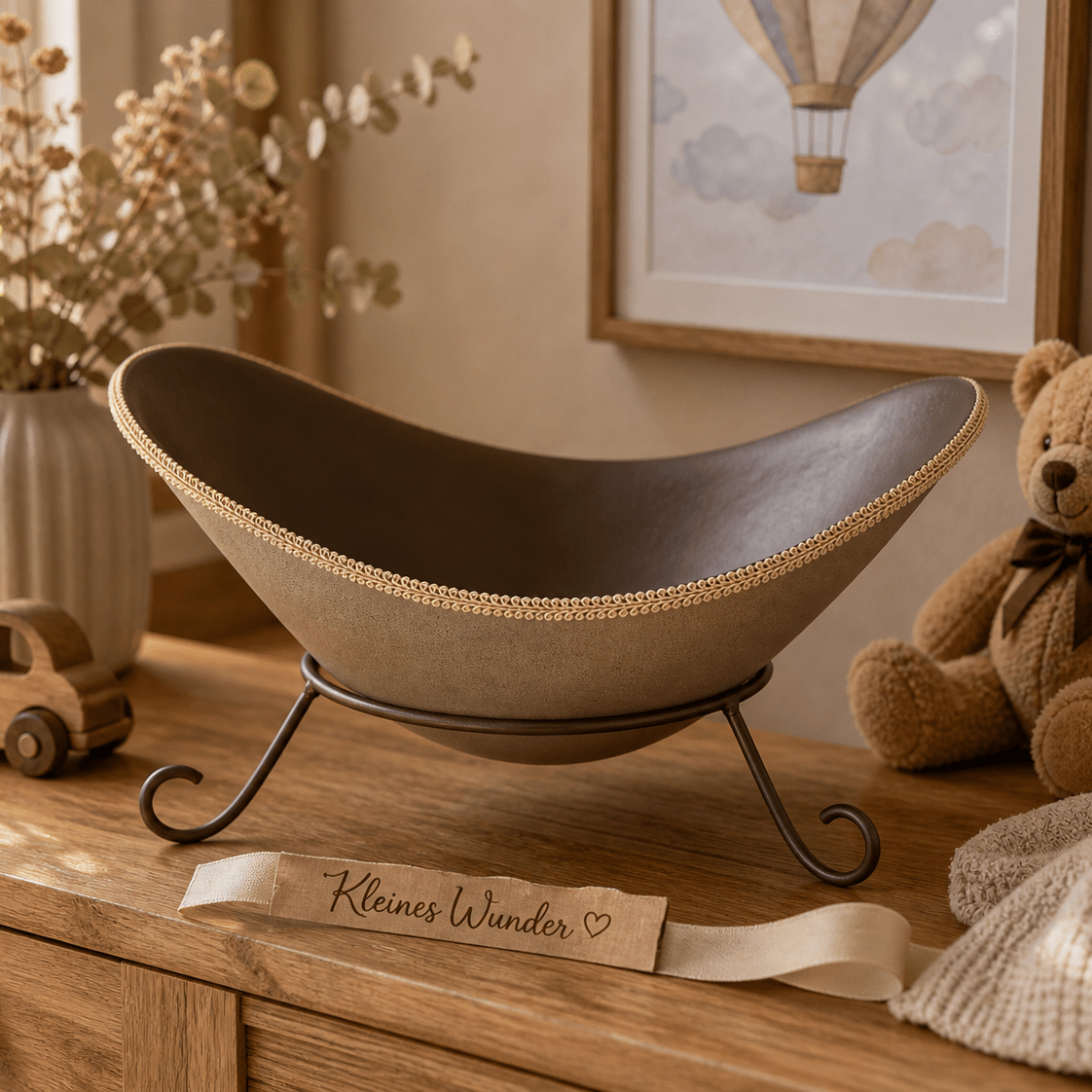 Alttext:
Das Bild zeigt eine elegante Belly Bowl aus einem Babybauch Gipsabdruck in warmen Braun- und Sandtönen. Die handgefertigte Bauchschale steht auf einem schwarzen Metallsockel auf einer Holzkommode im stilvoll eingerichteten Kinderzimmer. Die Außenseite ist sandfarben gestaltet, während die Innenseite in Dunkelbraun gehalten und mit einer cremefarbenen Posamentenborte verziert wurde. Die Belly Bowl dient als dekoratives Erinnerungsstück an Schwangerschaft und Geburt und kann gl - Atelier Body - pArts