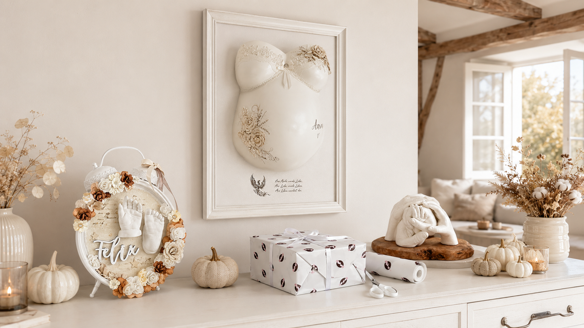 Herbstlich dekoriertes Atelier-Arrangement mit personalisierten Baby- und Familienabdrücken, Babybauch-Gipsabdruck im Rahmen, 3D-Hand- und Fußabdrücken, Geschenkverpackung, weißen Kürbissen in einem hellen, warm eingerichteten Wohnambiente.