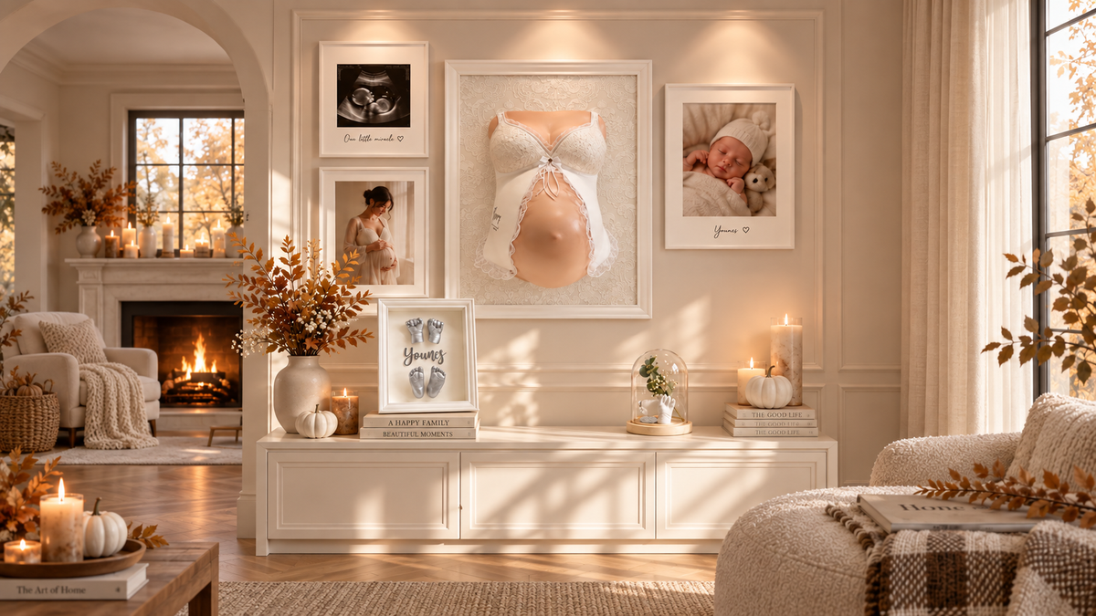 Herbstlich dekoriertes Atelier-Arrangement mit personalisierten Baby- und Familienabdrücken, Babybauch-Gipsabdruck im Rahmen, 3D-Hand- und Fußabdrücken, weißen Kürbissen in einem hellen, warmen eingerichteten Wohnambiente.
