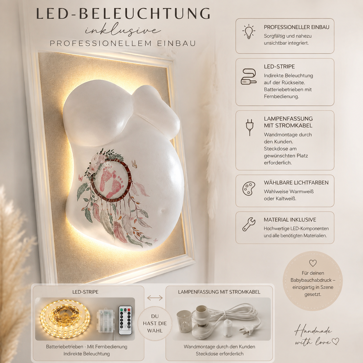 Gipsabdruck vom Babybauch inkl. Beleuchtung als Lampe an der Wand oder Bilderrahmen. Auswahl sind Stripe oder Lampenfassung