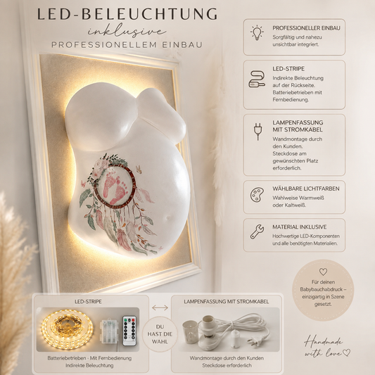 Gipsabdruck vom Babybauch inkl. Beleuchtung als Lampe an der Wand oder Bilderrahmen. Auswahl sind Stripe oder Lampenfassung