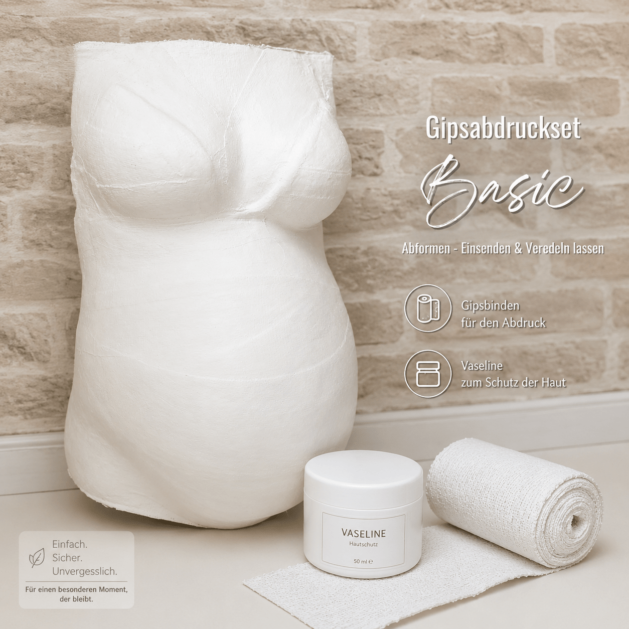 Das Produktbild zeigt ein Babybauch-Gipsabdruckset Basic zur einfachen Selbstabformung in der Schwangerschaft. Enthalten sind hochwertige Gipsbinden, Vaseline zum Schutz der Haut sowie eine ausführliche Schritt-für-Schritt-Anleitung zur Anfertigung eines eigenen Babybauchabdrucks zuhause. Das DIY-Set eignet sich für werdende Mamas, die ihren Schwangerschaftsbauch als persönliche Erinnerung bewahren möchten. Der rohe Gipsabdruck dient als Grundlage für spätere kreative Veredelungen.