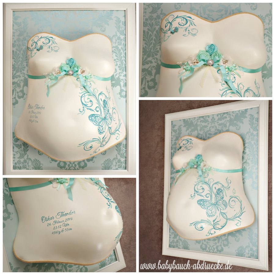 gipsabdruck babybauch gipsbauch abformung veredelung gestaltung bemalung creme tuerkis rahmen paete ornamente erfurt thueringen