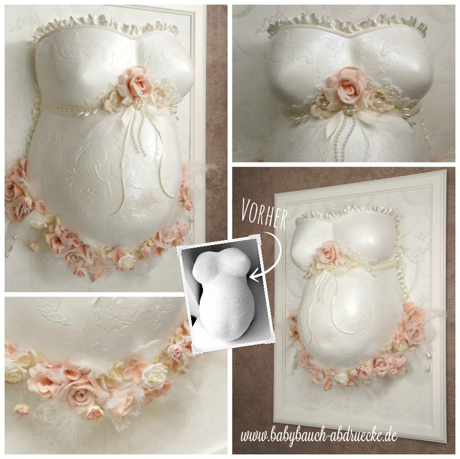 gipsabdruck shabby romantik design auf gips abdruck babybauch professionell repariert veredelt ornamente rahmen tapete stoffrosen
