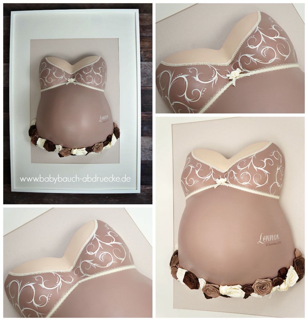 gispabdruck auf rahmen braun creme ornamente schwangerschaft satinrosen