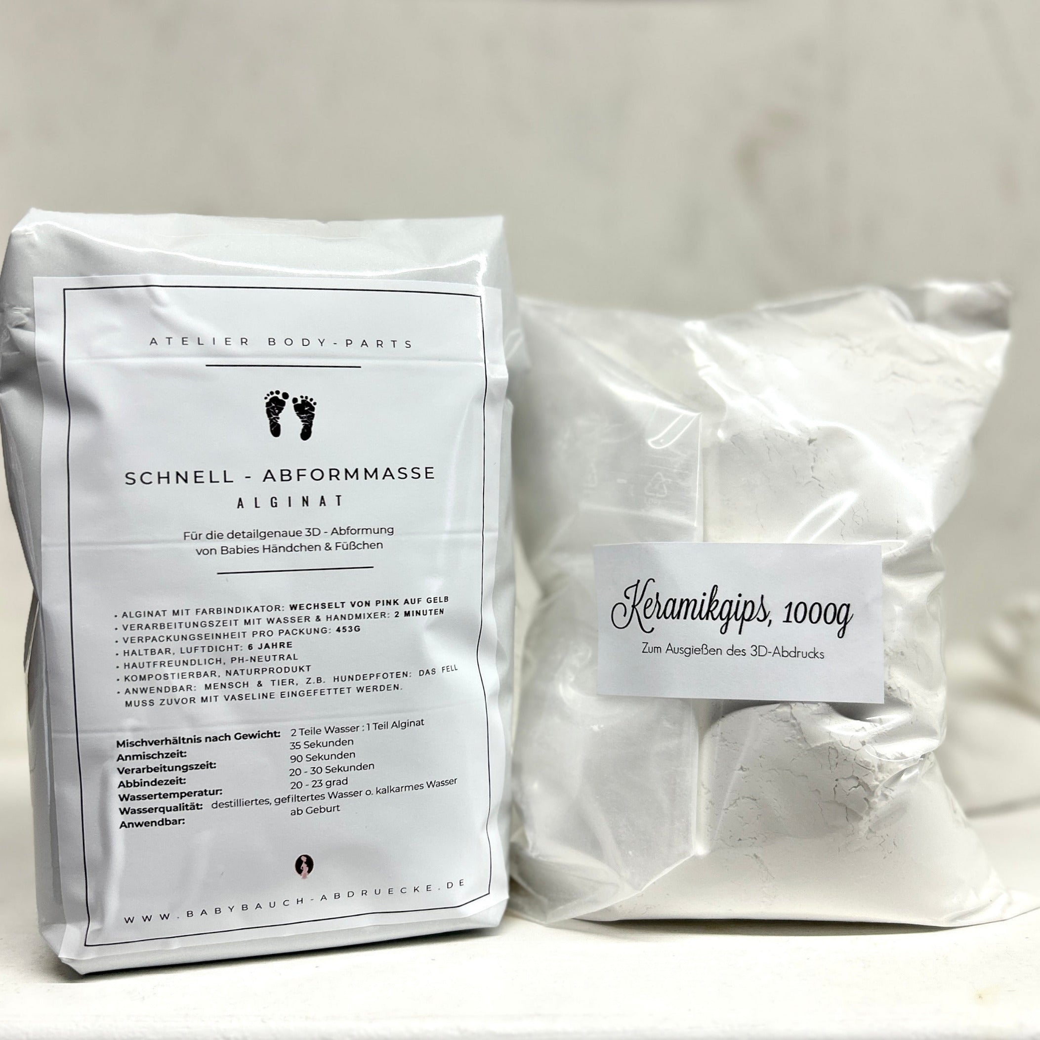 Set aus Schnellabformmasse Alginat mit Farbindikator und Keramikgips zum Ausgießen von 3D-Abdrücken – ideal für Baby Hand- und Fußabdruck ab Geburt, Paar-Abdrücke und Pfotenabdrücke von Hunden. Komplett-Set für detailgetreue 3D-Abformungen aus dem Atelier Bodyparts